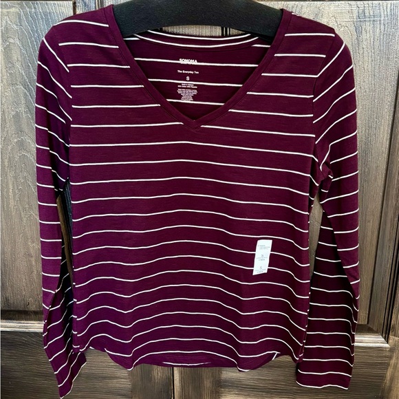 Sonoma Tops - Sonoma Burgundy and White Striped V-Neck Long Sleeve Top